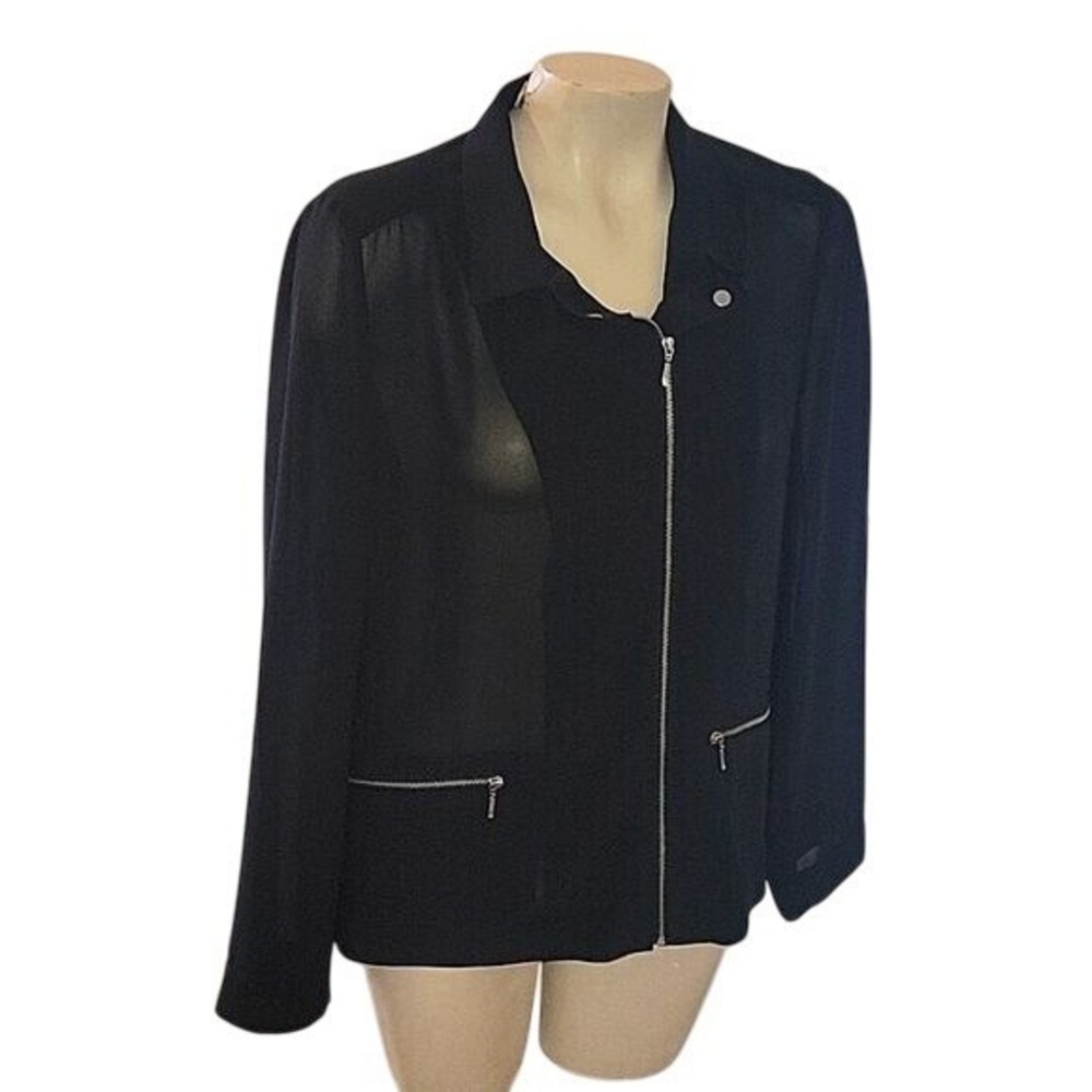 CHICO'S Long Sleeve Sheer Zippered Front Sz 1 Black Jacket Contemporary Career